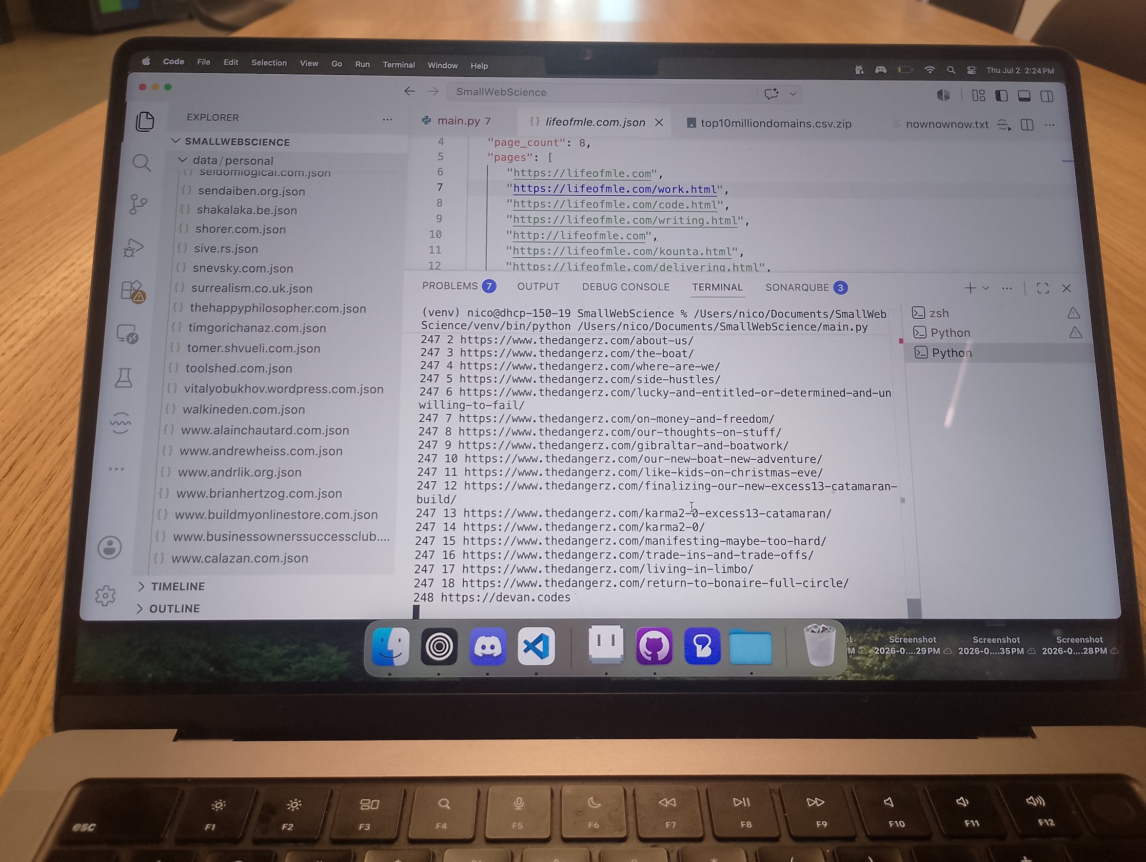File explorer with multiple .json files corresponding to personal websites