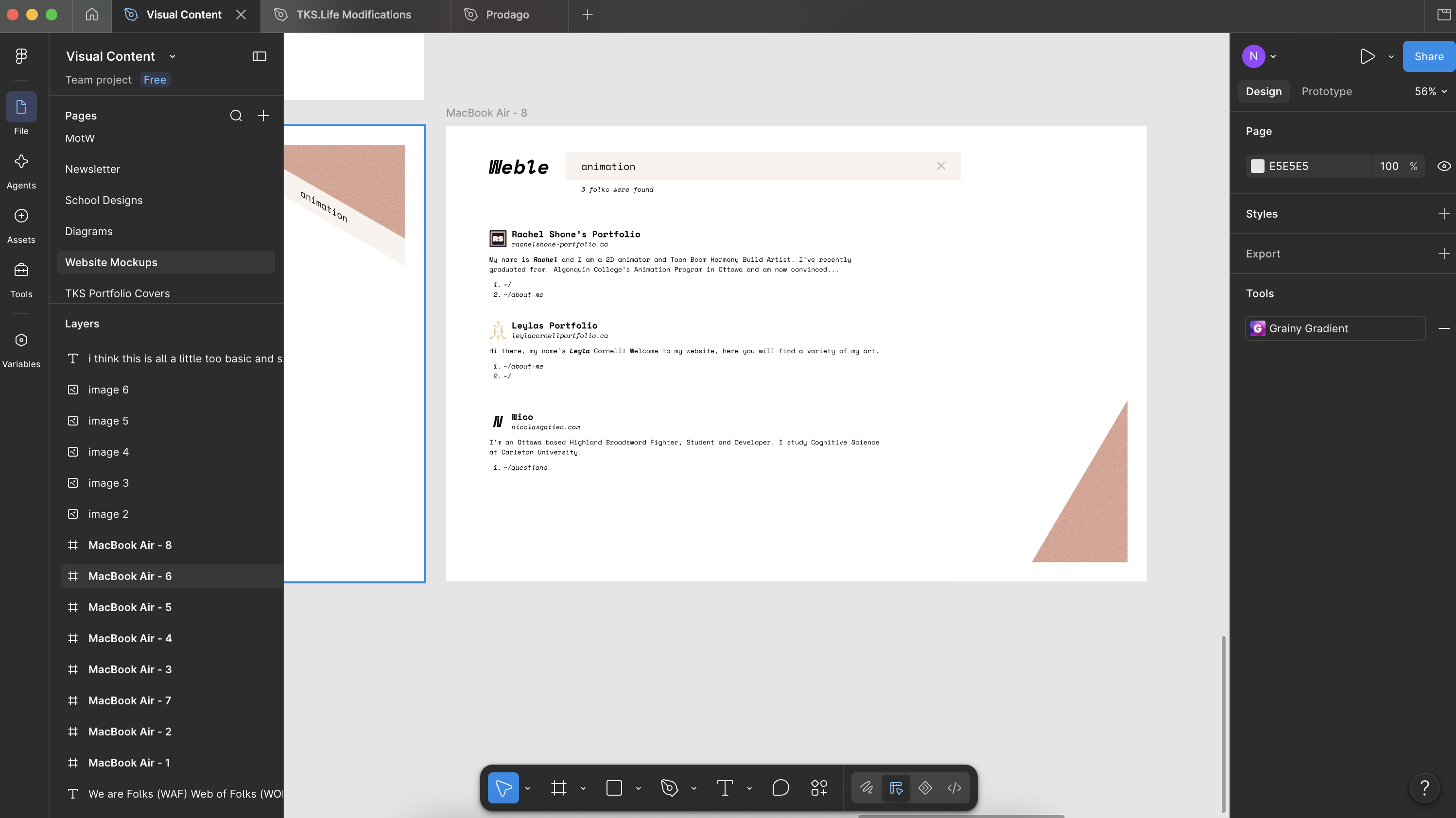 Figma mockups for search results for animation